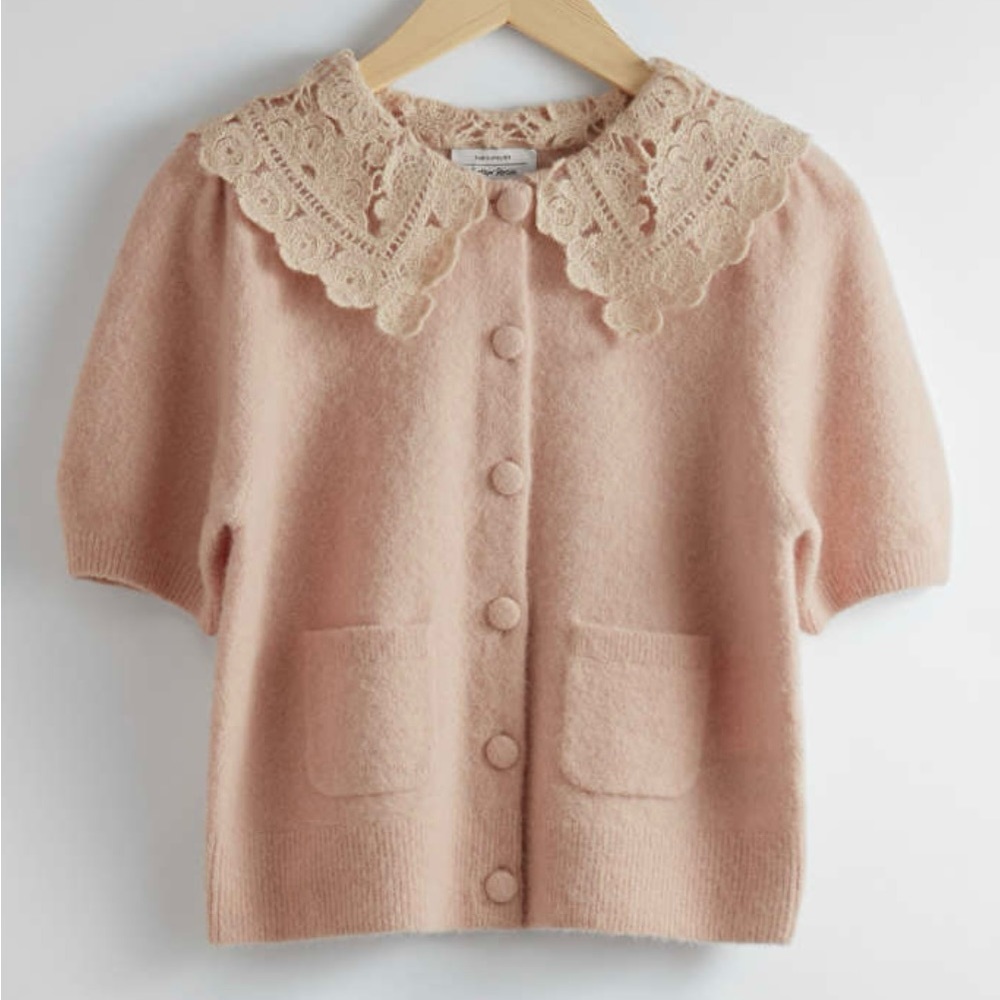 & Other Stories Blush Pink Short-Sleeve Crew Cardigan with Lace Collar